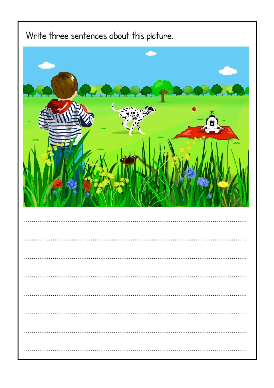 Park scene picture prompt: students write three sentences about a boy, a Dalmatian chasing a ball and Zoggy on a red rug