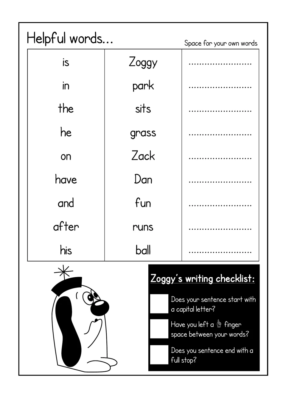 Word bank for the dog scene: Zoggy, park, sits, grass, Zack, Dan, runs, ball and more, plus a capital letter self-check