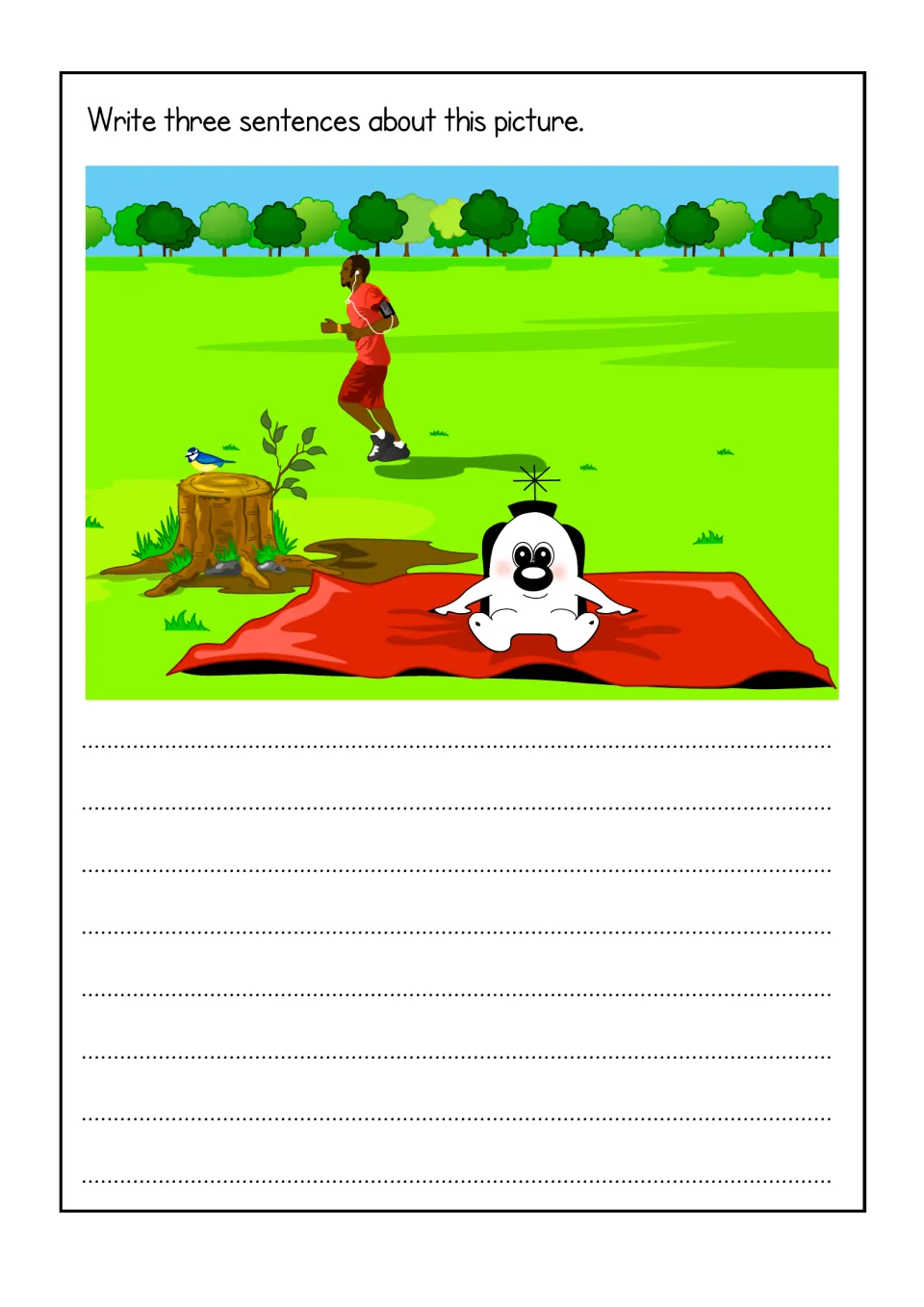 Jogger scene picture prompt: students write three sentences about a man jogging past Zoggy on a red rug by a tree stump