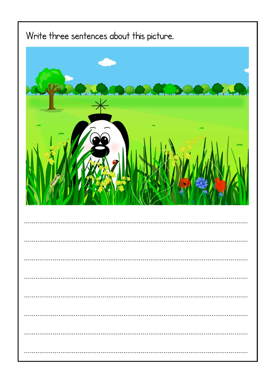Long grass picture prompt: students write three sentences about Zoggy peeking through grass, flowers and a ladybird
