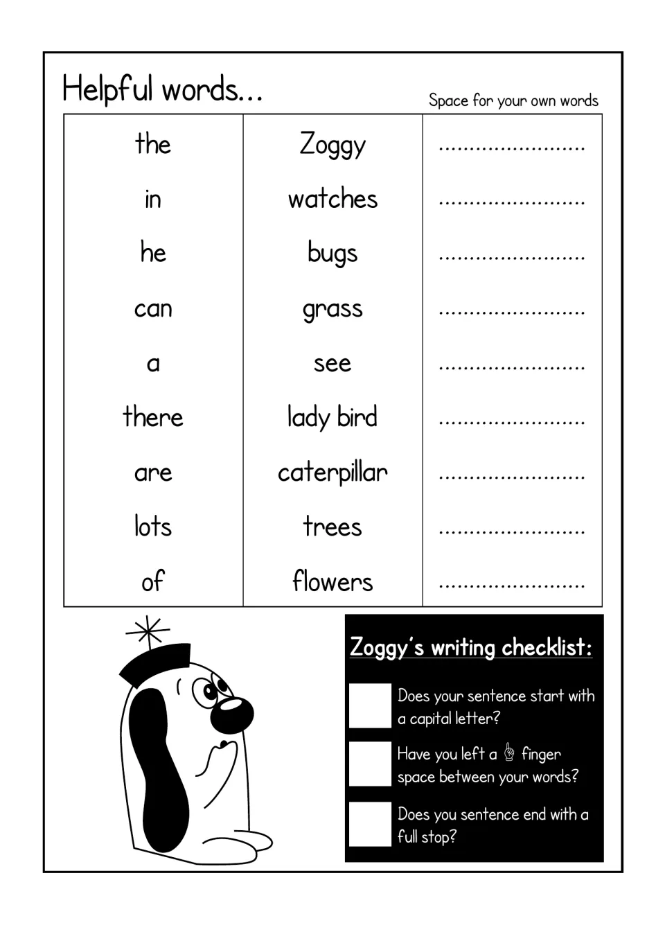 Word bank for the grass scene: watches, bugs, lady bird, caterpillar, trees, flowers, can, see, plus a writing checklist