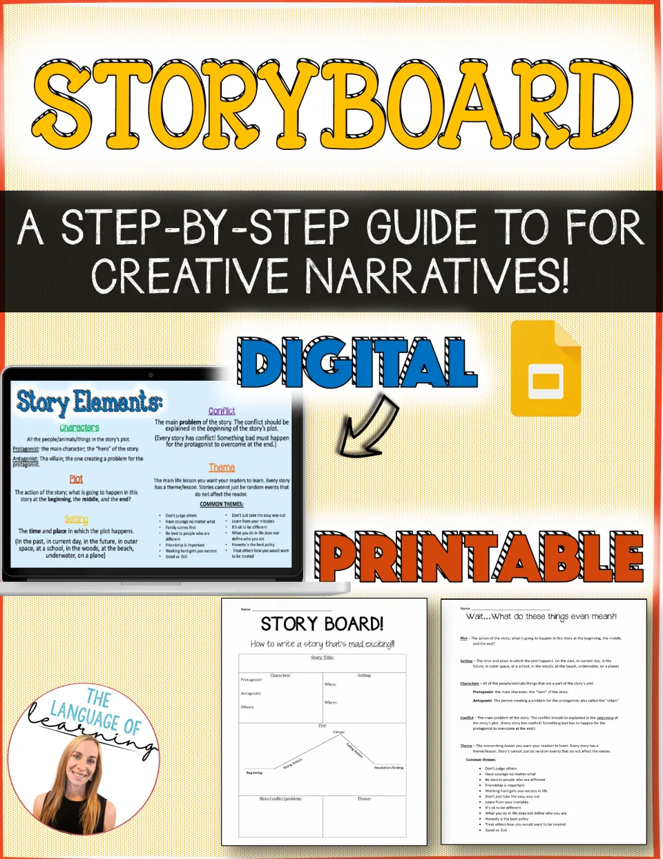 Storyboard cover: step-by-step guide for creative narratives in digital and printable form, showing story element pages