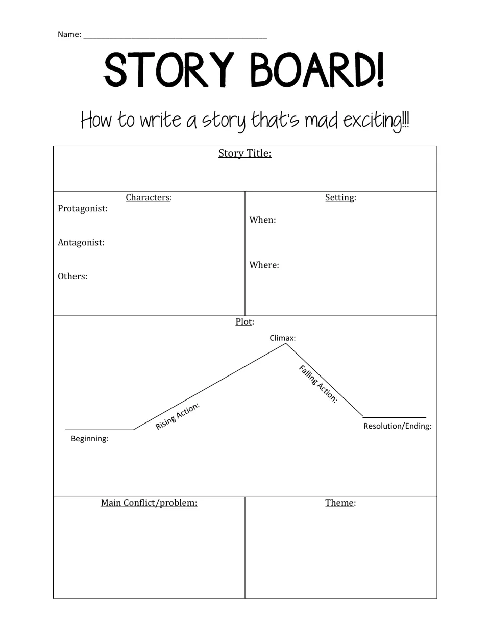 Story board planner: students fill in title, characters, setting, plot from beginning to resolution, conflict and theme