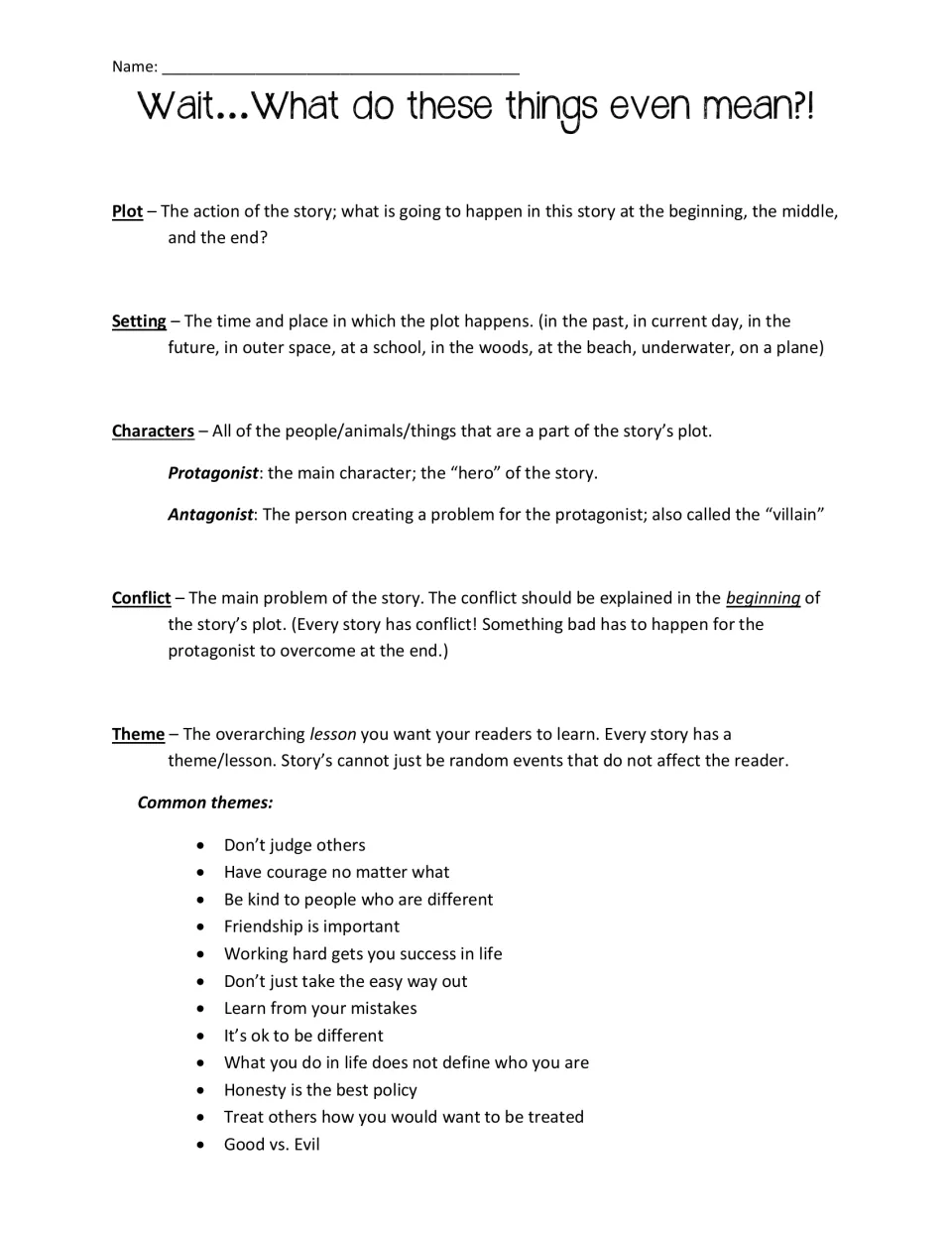 Story element definitions: plot, setting, characters, protagonist, antagonist, conflict and theme, plus common themes