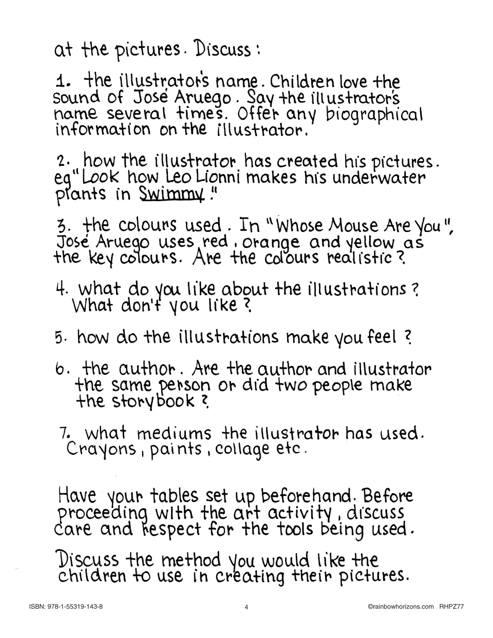 Lesson guidance lists seven discussion topics about illustrators, colors, feelings, authors, and art media.