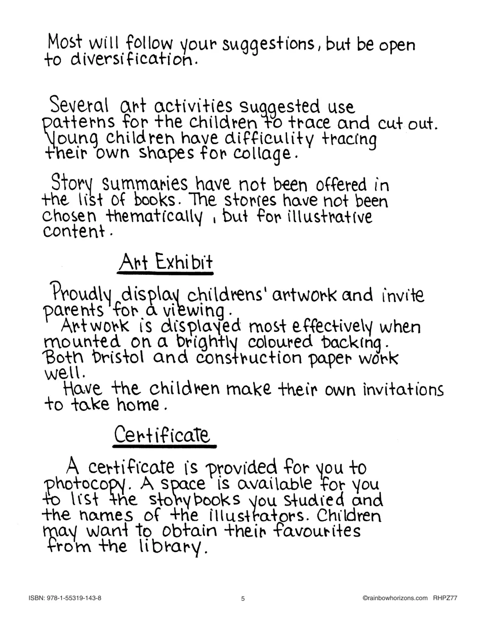 Teaching guidance covers tracing patterns, displaying children's art, parent invitations, and certificates.