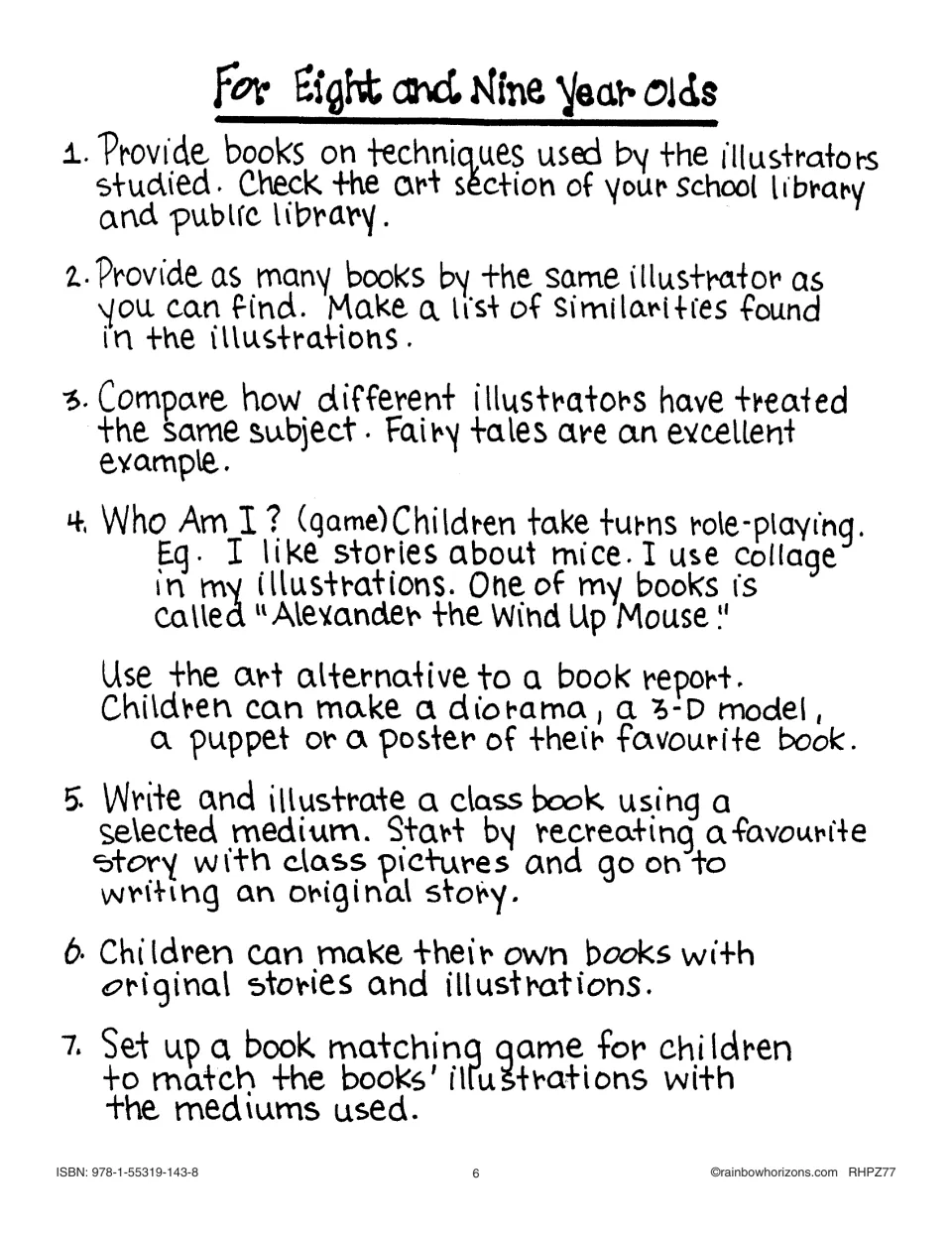 Extensions for ages eight and nine include illustrator comparisons, role-play, bookmaking, and a matching game.