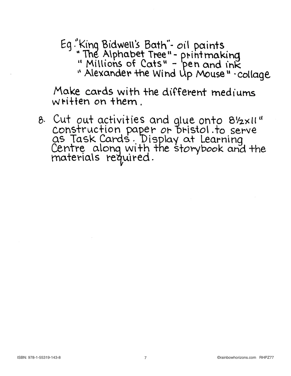 Extension directions continue the book-and-media matching game and explain making learning center task cards.