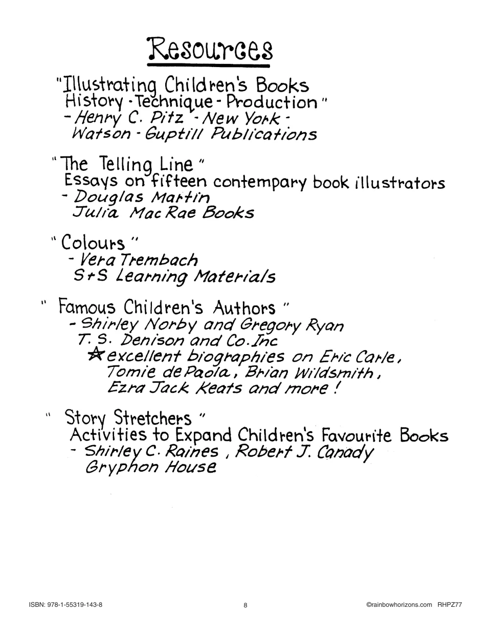 Teacher resource list names five books about illustration, illustrators, colors, authors, and story activities.