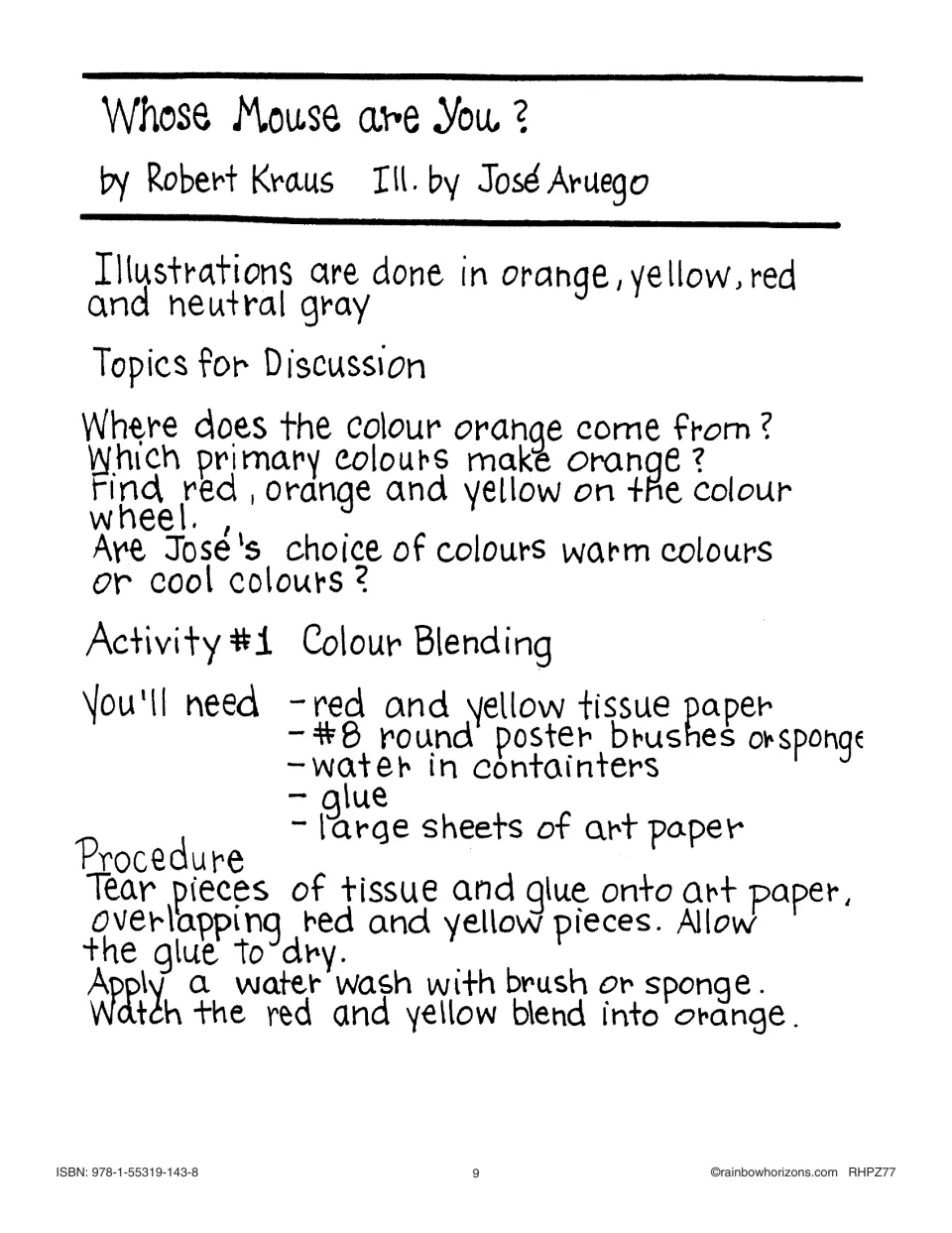 Whose Mouse Are You? lesson introduces warm colors and a red-and-yellow tissue paper color-blending activity.