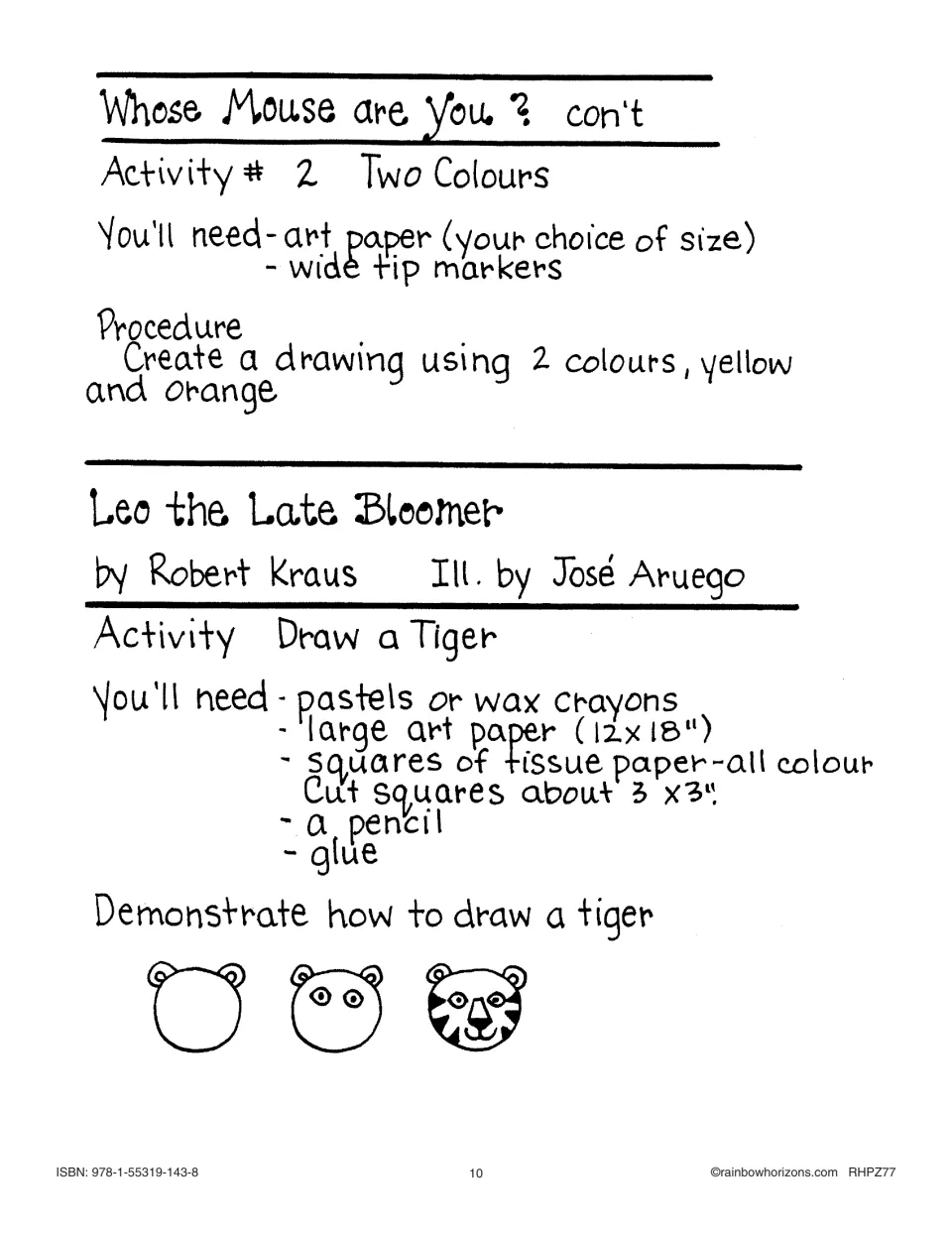Book lessons give a two-color drawing task and begin Leo the Late Bloomer tiger art with three drawing stages.