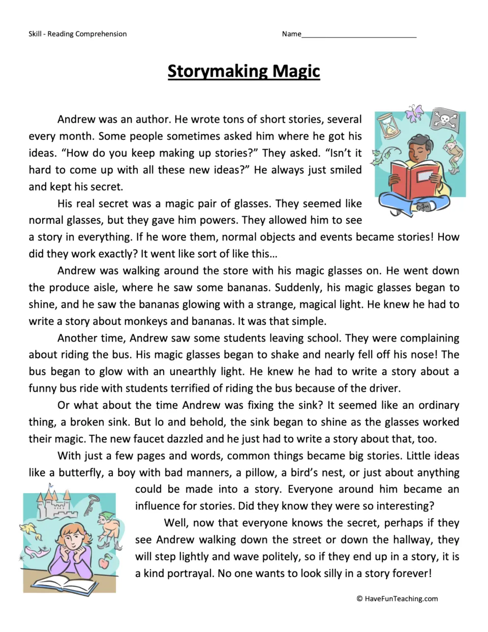 Reading passage about Andrew, an author whose magic glasses turn bananas, a bus, and a sink into story ideas.