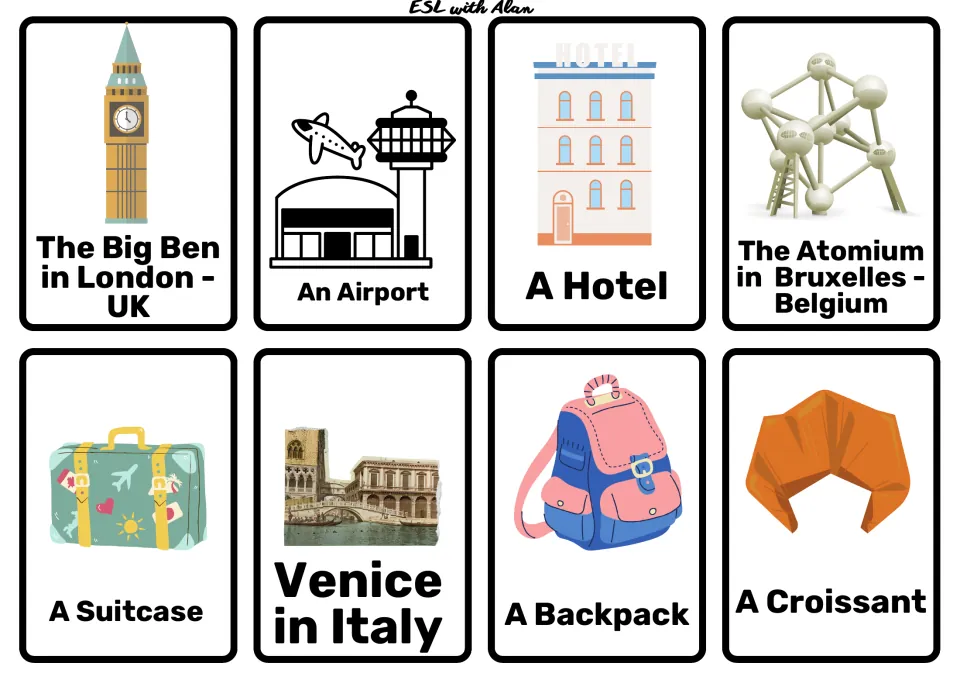 Europe travel story cards: Big Ben, the Atomium in Brussels, Venice, an airport, a hotel, a suitcase and a croissant