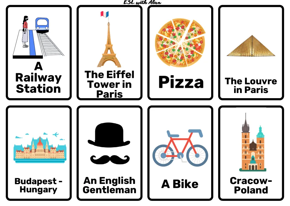 Travel cards: the Eiffel Tower, the Louvre, Budapest, Cracow, a railway station, pizza, a bike and an English gentleman