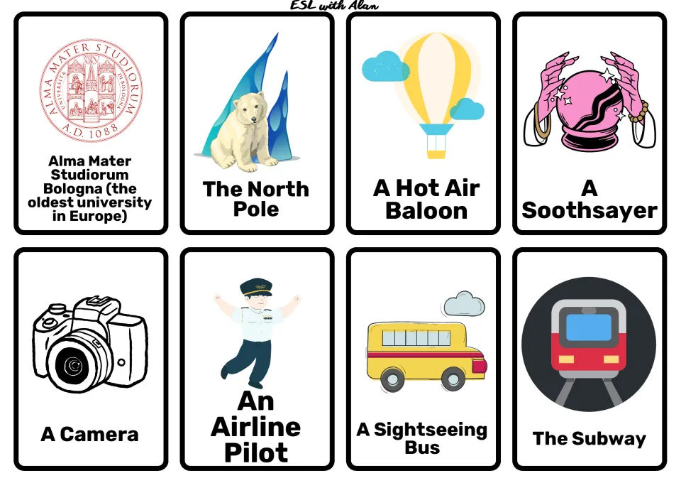 Picture cards: Bologna's old university, the North Pole, a hot air balloon, a soothsayer, a pilot and the subway