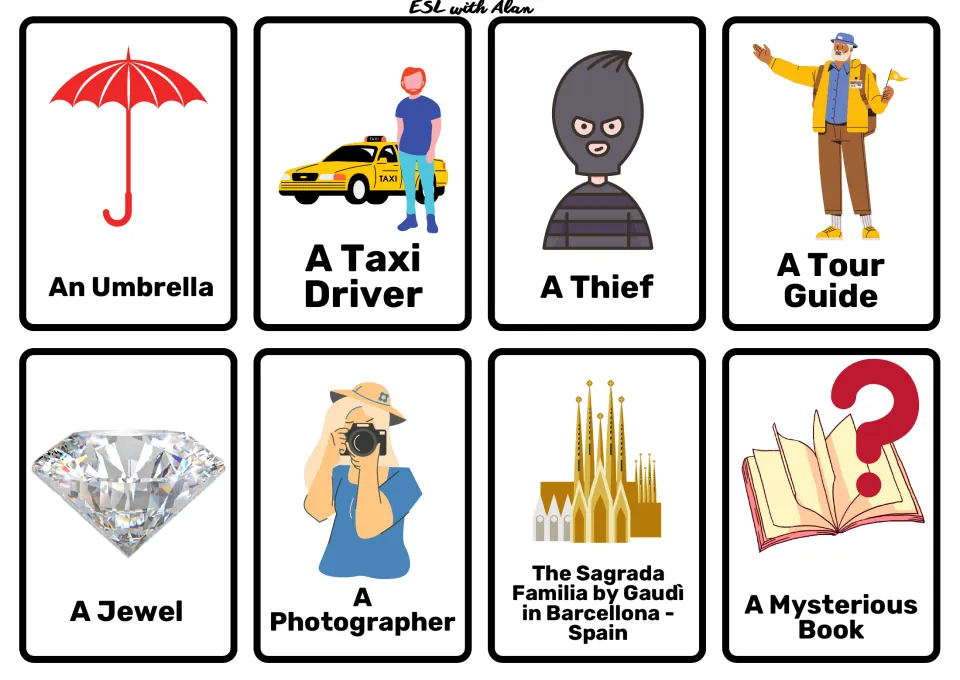 Character cards: a taxi driver, a thief, a tour guide, a photographer, a jewel, a mysterious book and Sagrada Familia