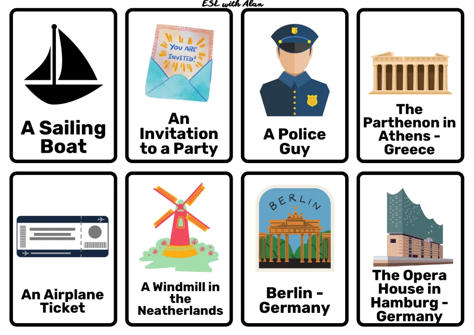 Story cards: a sailing boat, a party invitation, a police officer, the Parthenon, a Dutch windmill, Berlin and Hamburg