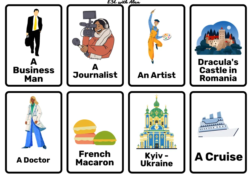 Jobs and places cards: a business man, a journalist, an artist, a doctor, Dracula's Castle, Kyiv, a macaron and a cruise