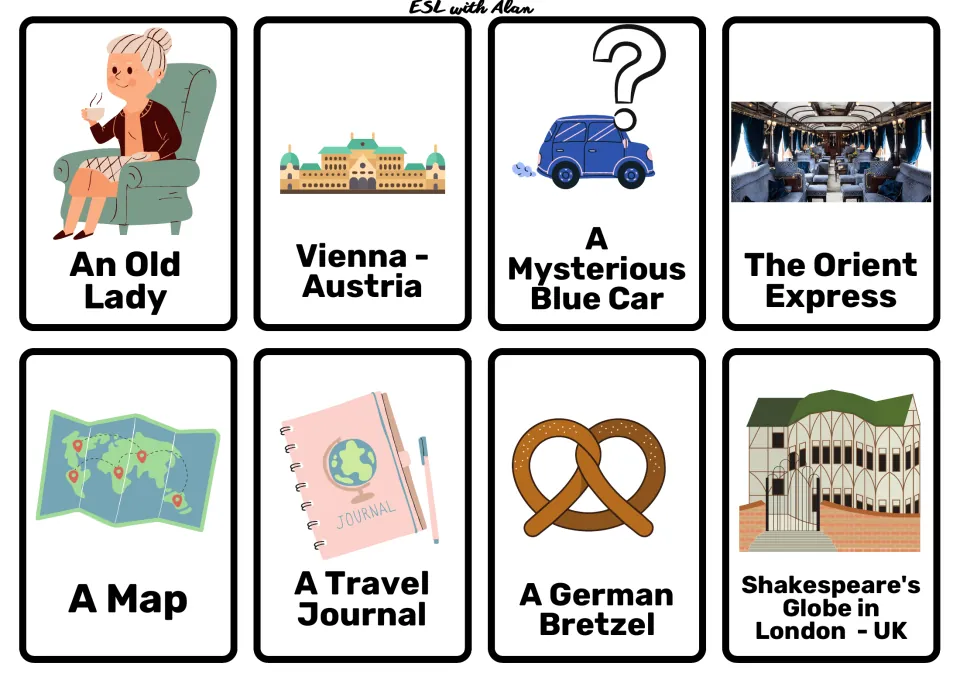 Story cards: an old lady, Vienna, a mysterious blue car, the Orient Express, a travel journal and Shakespeare's Globe
