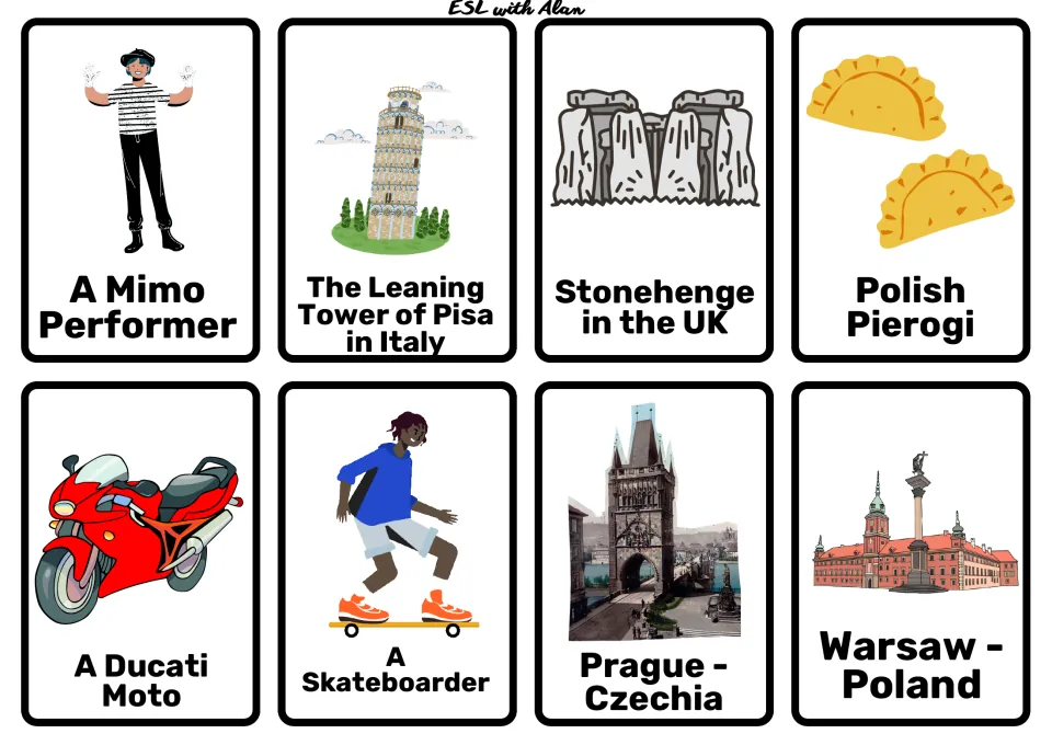 Cards: a mime, the Leaning Tower of Pisa, Stonehenge, Polish pierogi, a Ducati motorbike, a skateboarder, Prague, Warsaw