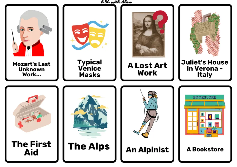 Mystery cards: Mozart's last unknown work, Venice masks, a lost artwork, Juliet's House, the Alps and an alpinist