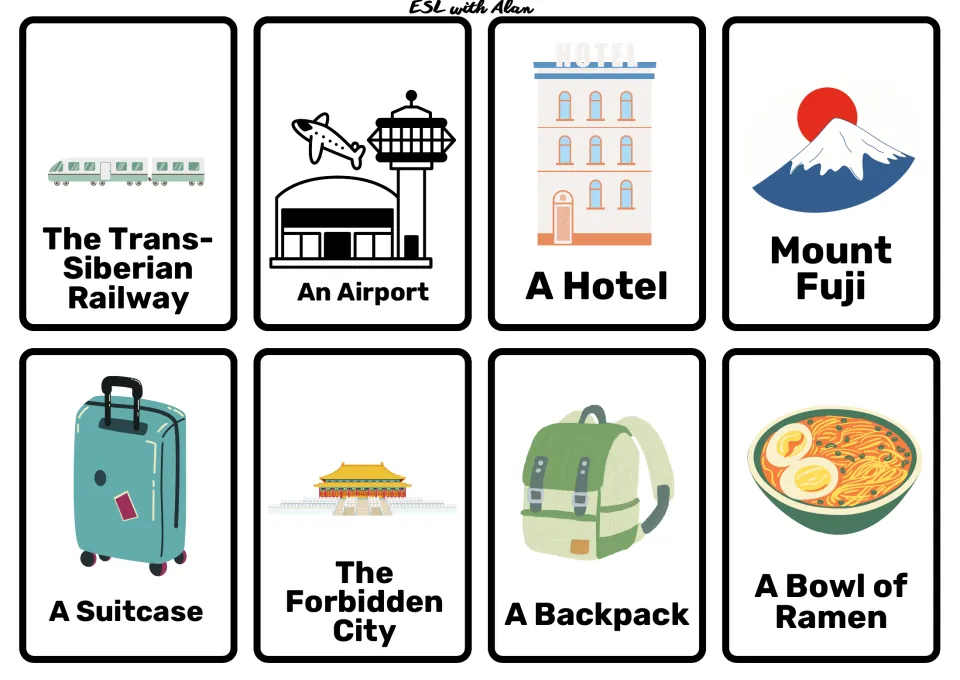 Asia travel story cards: 8 picture cards such as Trans-Siberian Railway, Mount Fuji, Forbidden City and Bowl of Ramen
