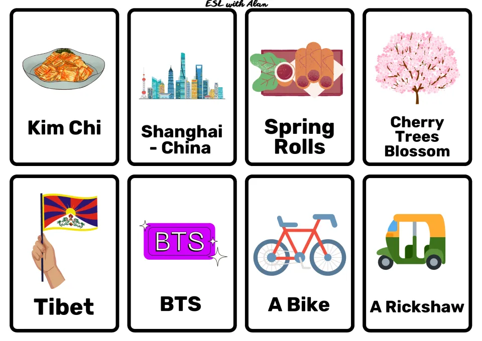 Asia storytelling cards: Kim Chi, Shanghai - China, Spring Rolls, Cherry Trees Blossom, Tibet, BTS, A Bike, A Rickshaw