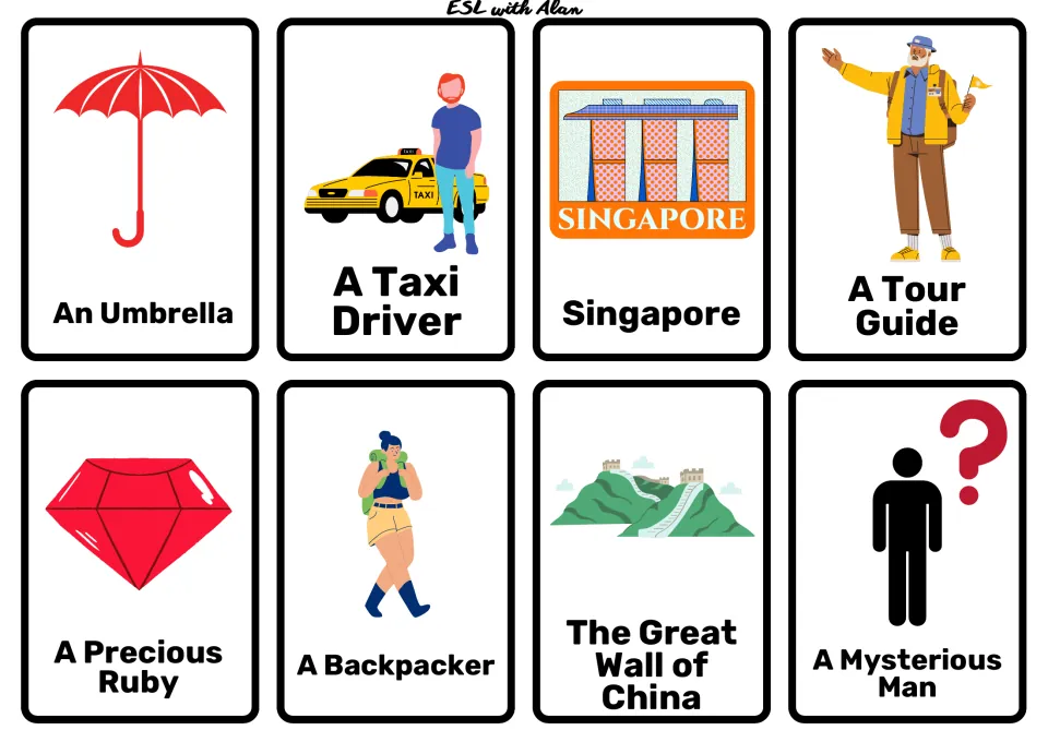 Story cards of people and places: Taxi Driver, Tour Guide, Singapore, Precious Ruby, Great Wall of China, Mysterious Man