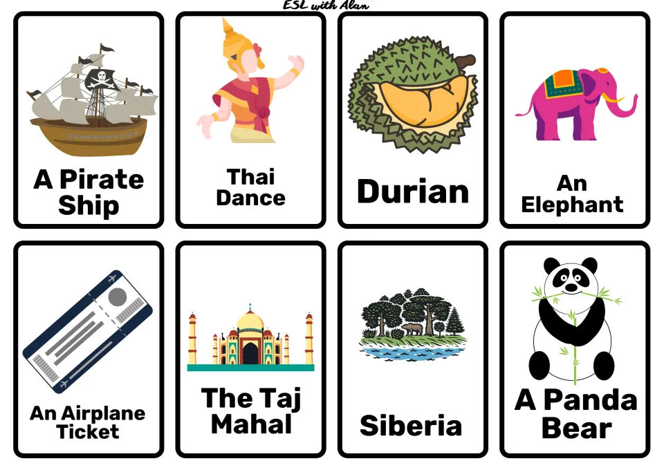 Travel storytelling cards: Pirate Ship, Thai Dance, Durian, Elephant, Airplane Ticket, Taj Mahal, Siberia, Panda Bear