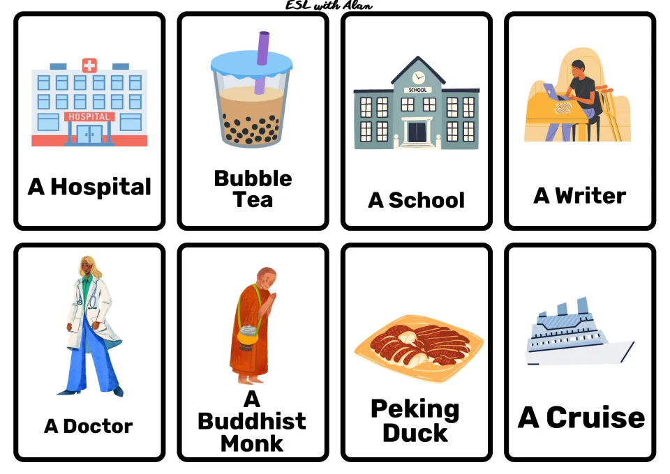 Picture cards for oral narratives: Hospital, Bubble Tea, School, Writer, Doctor, Buddhist Monk, Peking Duck, Cruise