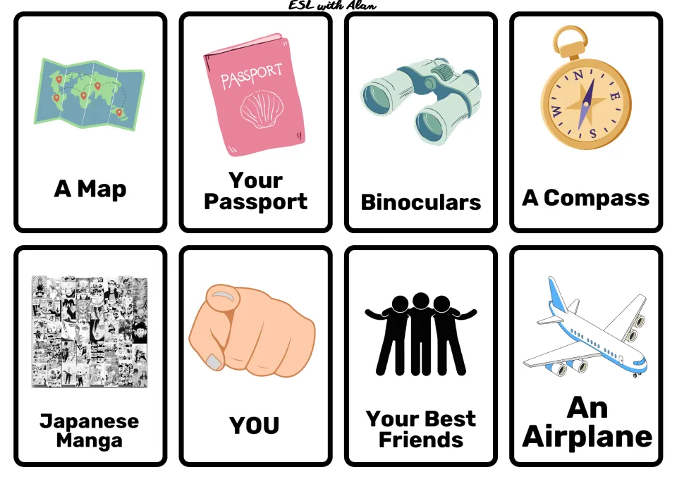 Travel gear and people cards: Map, Your Passport, Binoculars, Compass, Japanese Manga, YOU, Your Best Friends, Airplane