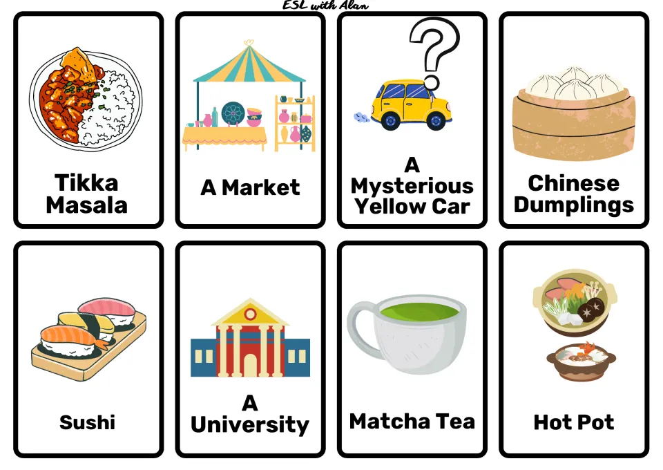 Asian food story cards: Tikka Masala, Chinese Dumplings, Sushi, Matcha Tea, Hot Pot, plus Market, University, Yellow Car