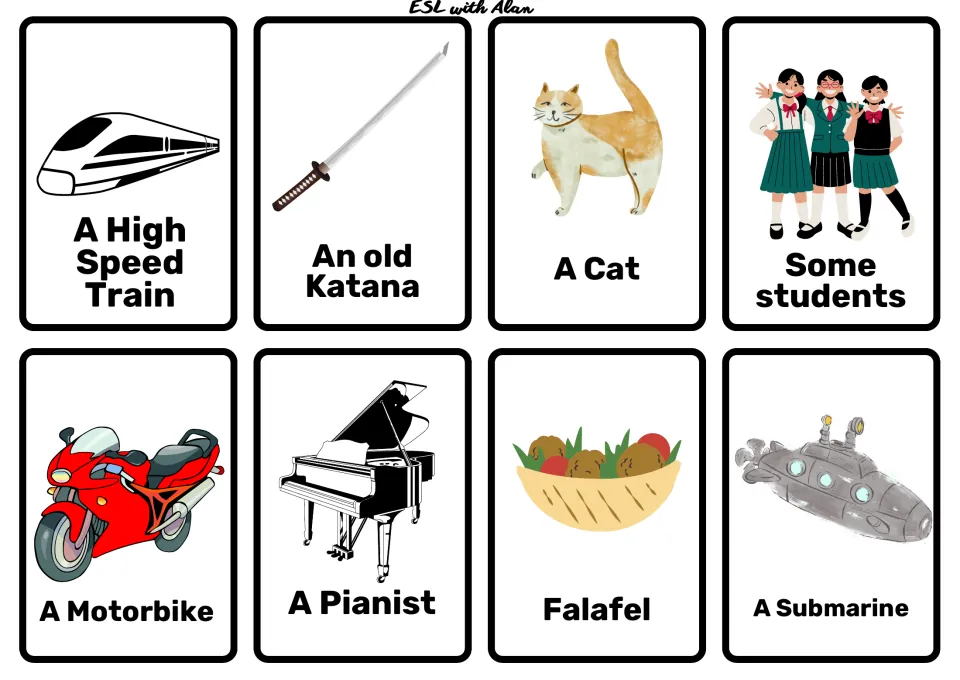 Story prompt cards: High Speed Train, An old Katana, A Cat, Some students, A Motorbike, A Pianist, Falafel, A Submarine