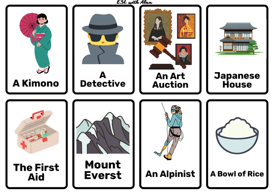 Adventure story cards: Kimono, Detective, Art Auction, Japanese House, First Aid, Mount Everest, Alpinist, Bowl of Rice