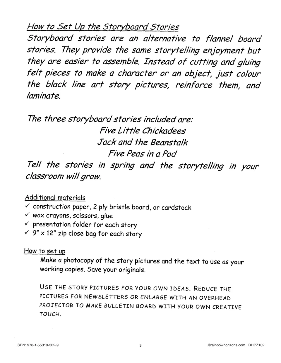 Storyboard setup introduction lists three spring stories, preparation materials, and photocopying directions
