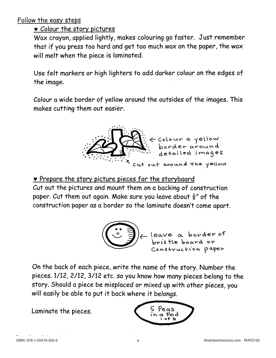 Storyboard picture preparation directions explain coloring, cutting, mounting, numbering, and laminating