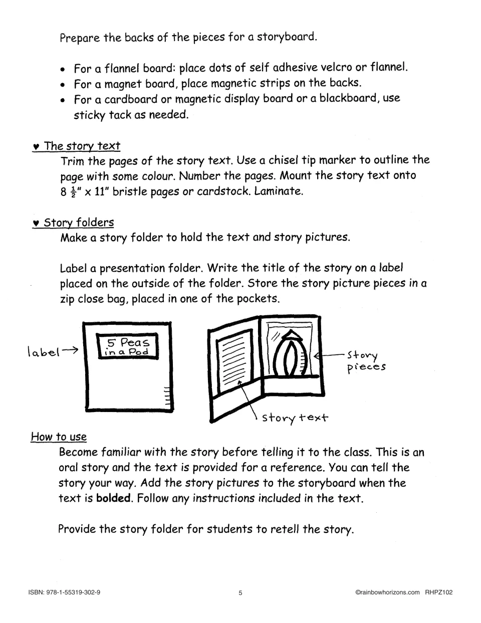 Storyboard setup directions cover attaching pieces, preparing story text, storing folders, and retelling