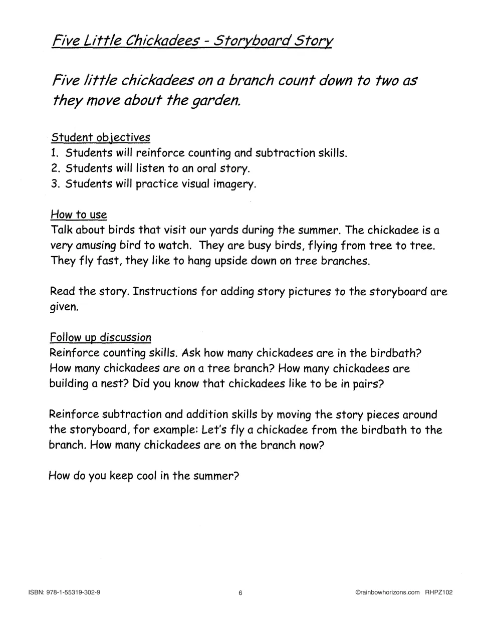 Five Little Chickadees teaching notes include counting, subtraction, listening, and follow-up questions