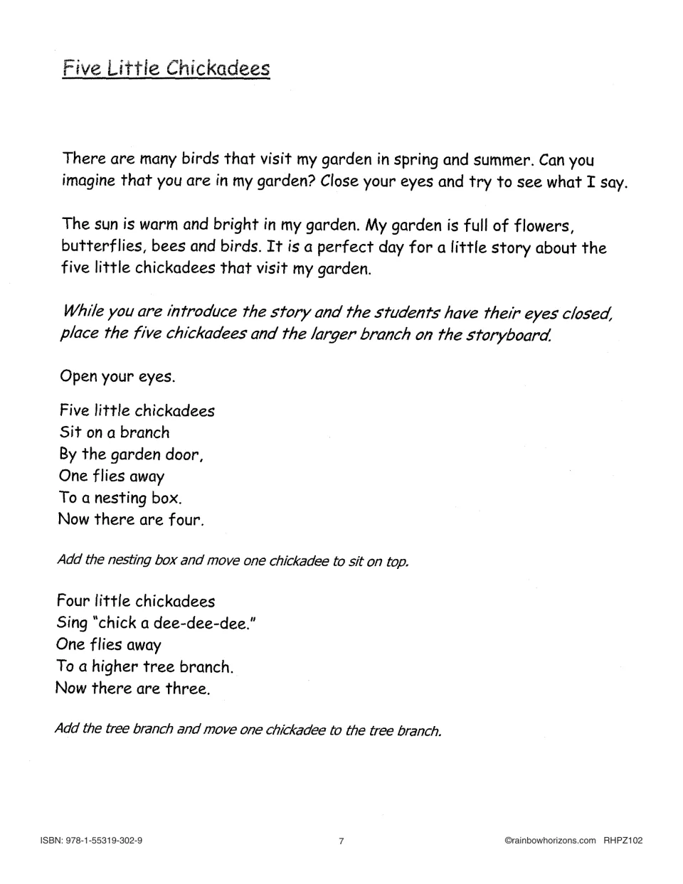 Five Little Chickadees story opening counts from five birds to three, with cues for moving storyboard pieces