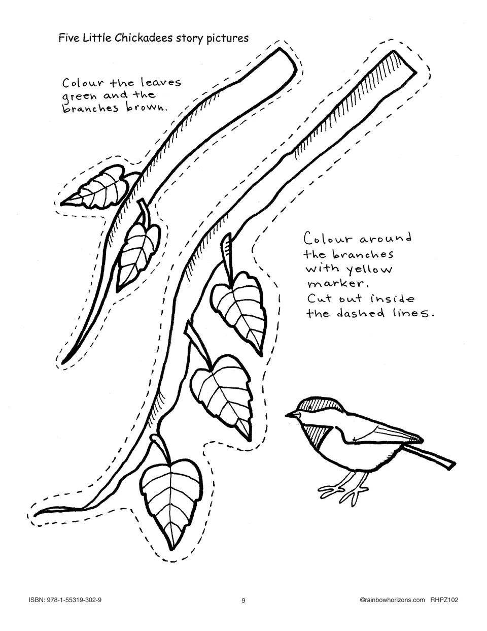 Five Little Chickadees cutout story pieces include two leafy branches and one bird, with coloring directions