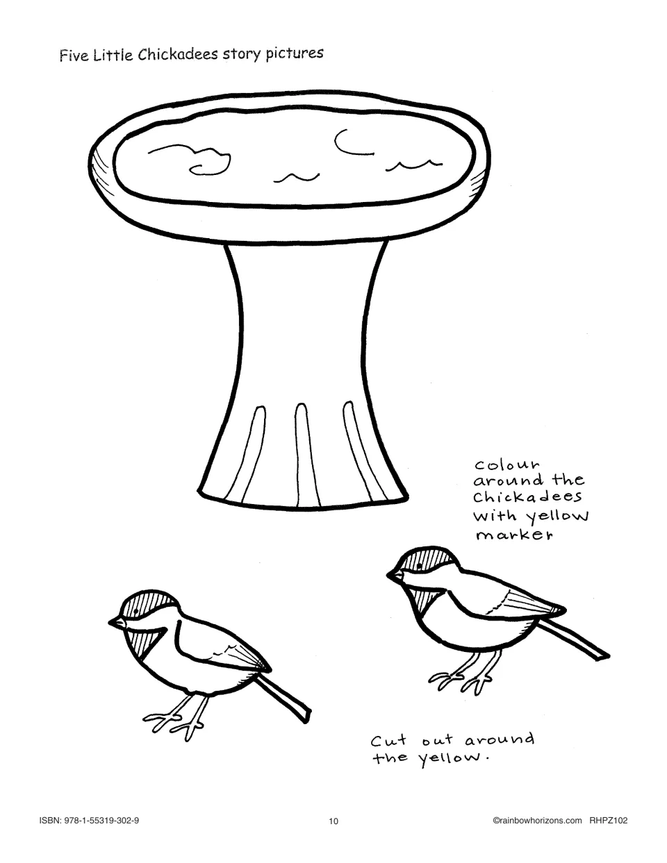 Five Little Chickadees cutout story pieces include a birdbath and two birds, with coloring and cutting cues