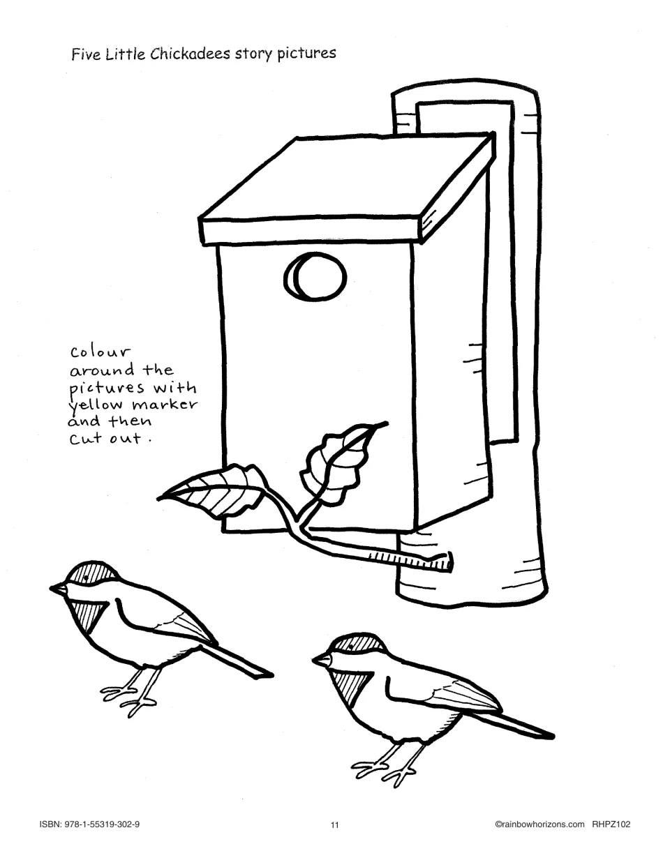 Five Little Chickadees cutout story pieces include a nesting box and two birds for use on the storyboard