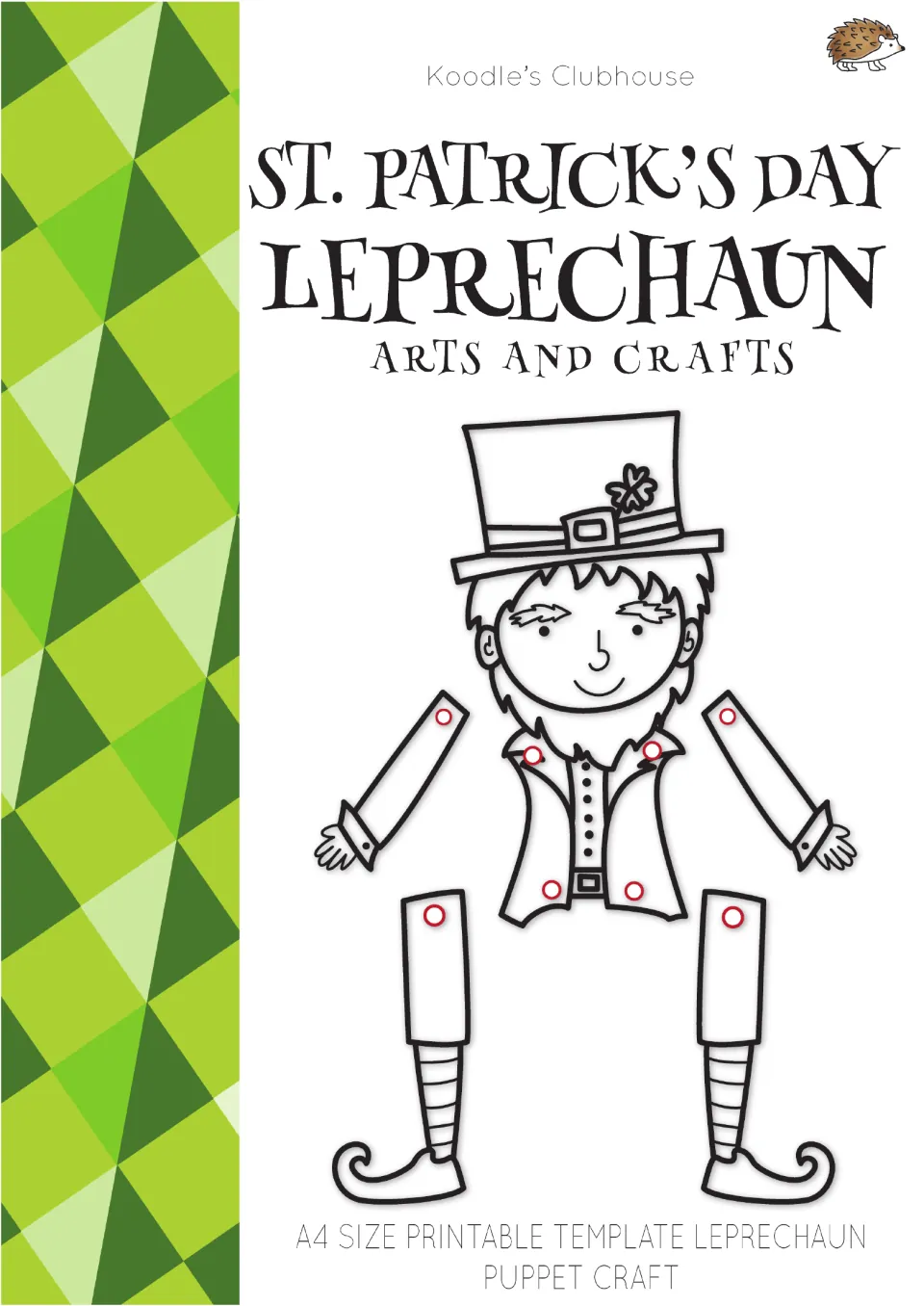 Cover: printable A4 leprechaun puppet craft template showing the hatted figure with separate arms and legs to join