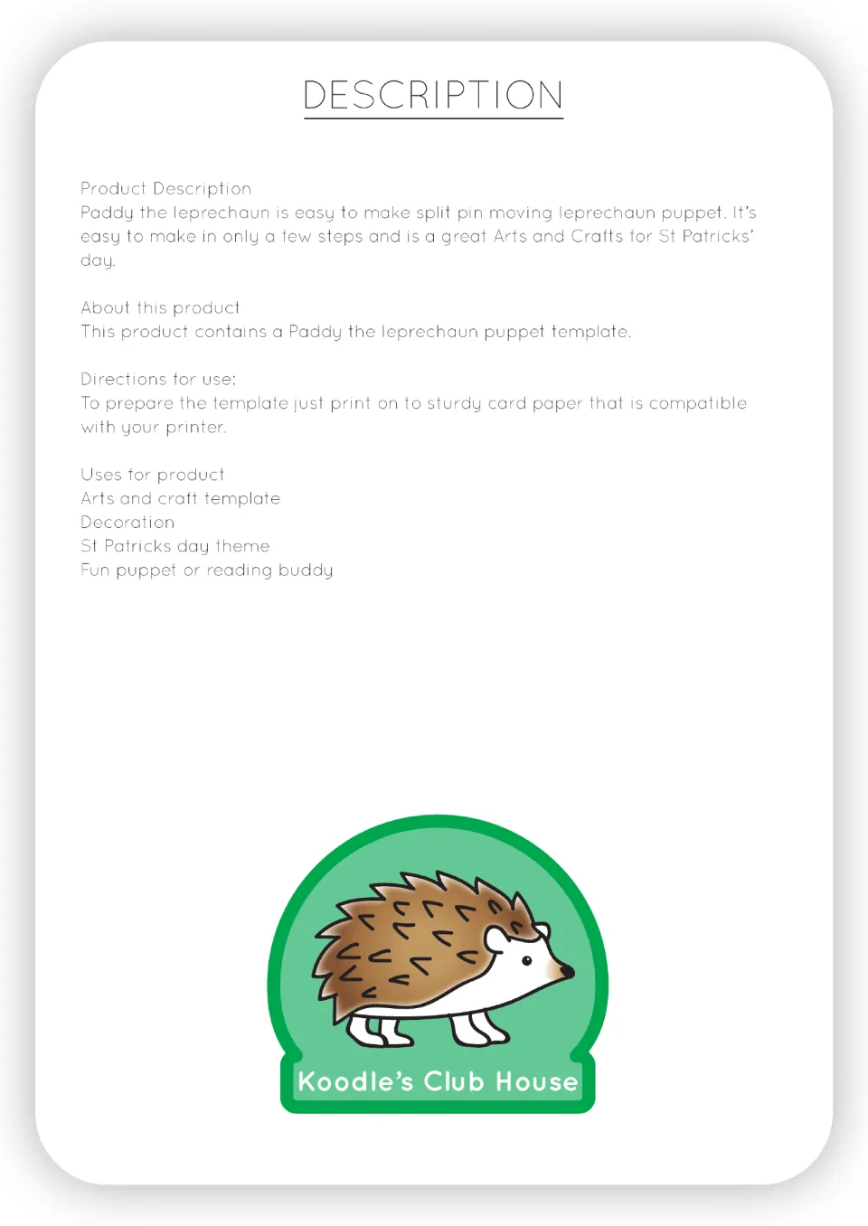 Description of Paddy the leprechaun split-pin puppet, with directions to print on sturdy card and suggested uses