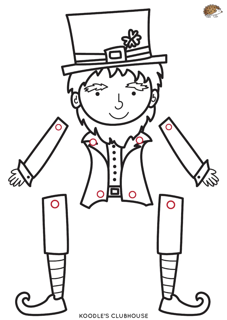 Leprechaun puppet template: students cut out head, body, two arms and two legs, then join them at the red pin marks