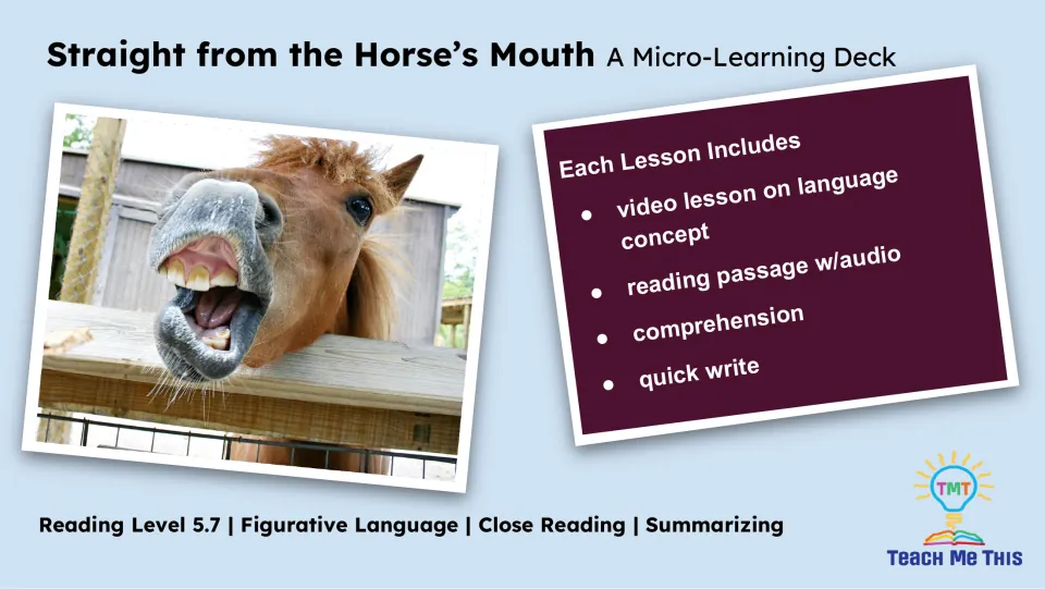 Lesson overview lists a video on a language concept, a reading passage with audio, comprehension, and quick write