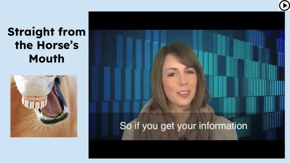 Video lesson slide introduces the idiom with a presenter and the subtitle “So if you get your information”