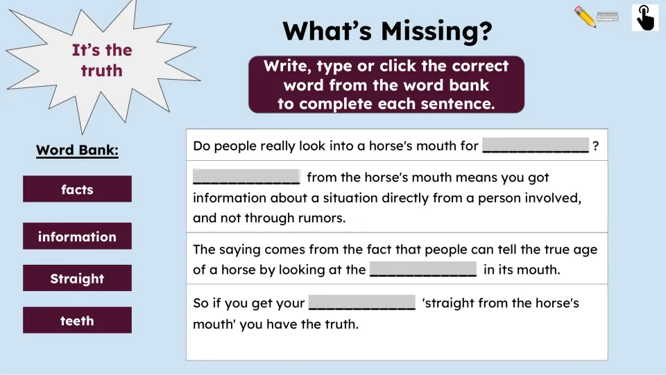 Fill-in-the-blank comprehension activity has four sentences and the word bank facts, information, Straight, teeth