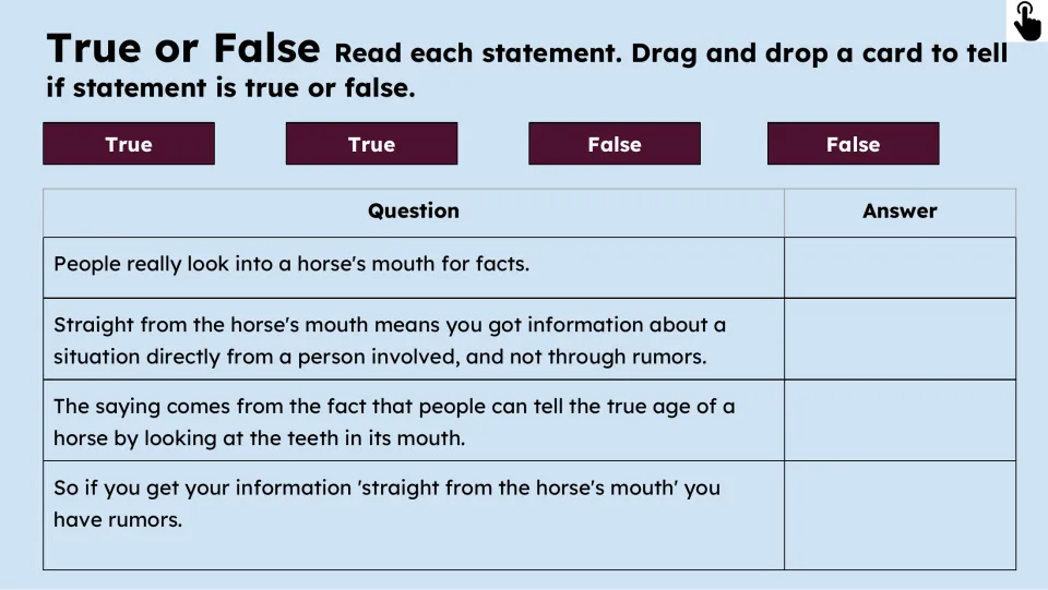 True-or-false activity checks four statements about facts, direct information, horse teeth, and rumors