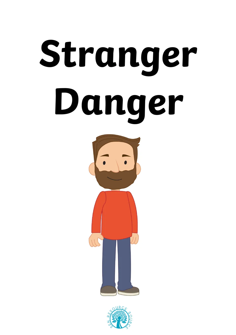 Stranger Danger social story cover showing the title above a cartoon bearded man in a red sweater and jeans